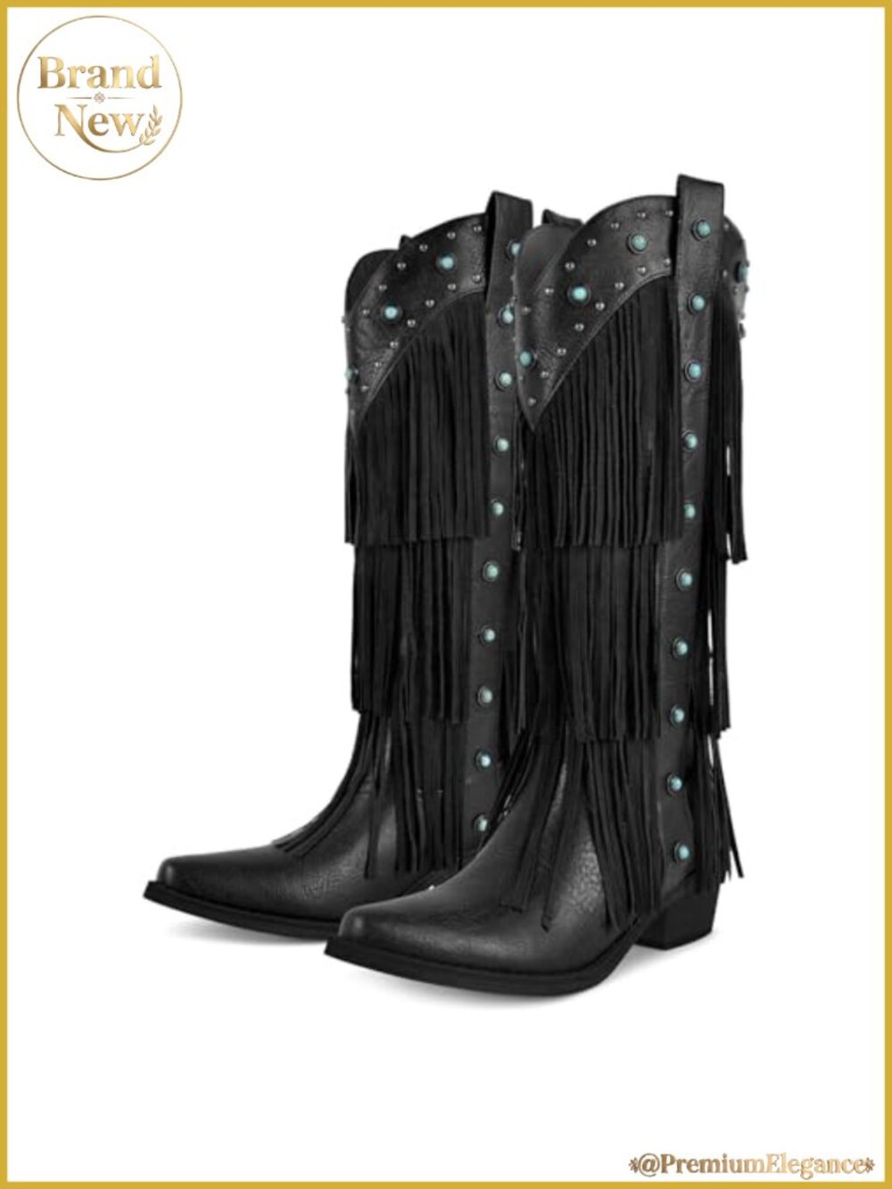 Fringe Western Cowboy Boots Knee High Tiered Tassel Turquoise Studs